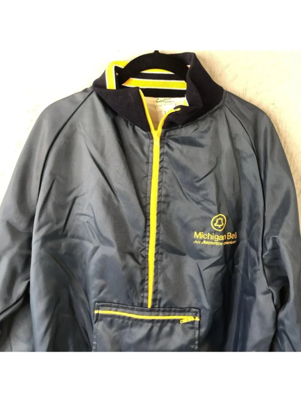 Vintage Michigan Bell Campboree Jacket Mens Large Blue Nylon 1/4 Zip Windbreaker